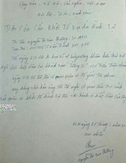 Ngay sau khi có kết quả giám định, người mẫu Nguyễn Thị Kim Phượng đã thuê luật sư và làm đơn yêu cầu khởi tố vụ án gửi đến Công an Quận 10, TP.HCM