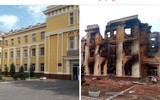 Hình ảnh tương phản về các công trình ở Ukraine trước và sau khi bị trúng bom