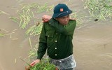 Chiến sỹ Công an Hà Nội ngâm nước giúp người dân cứu lúa