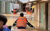 Cảnh sát phòng cháy Sơn La dầm mình trong biển nước giúp dân chạy lũ 