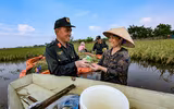 Chiến sỹ Công an Hà Nội tiếp tục dầm mình trong nước ngập, cùng dân cứu lúa 