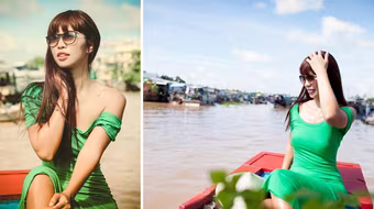 Siêu mẫu Hà Anh vai trần gợi cảm trên sông nước Cần Thơ