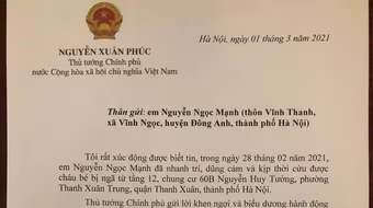 Thủ tướng có Thư khen, biểu dương anh Nguyễn Ngọc Mạnh dũng cảm cứu bé rơi từ tầng 12