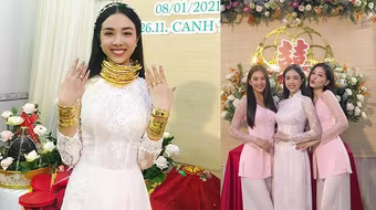 [ẢNH] Đám cưới miền Tây đặc biệt của Á hậu Thúy An: Nhà trai đi thuyền, cô dâu vàng đeo ‘trĩu cổ’, dàn phù dâu toàn Hoa hậu
