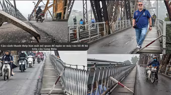 Cận cảnh những thanh thép hàn chắn ngang lối đi bộ trên cầu Long Biên