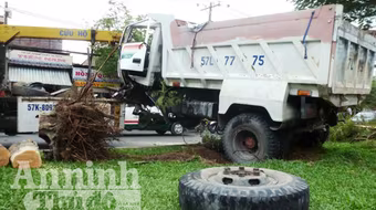 Xe ben bất ngờ tuột bánh, đâm đổ gốc cây