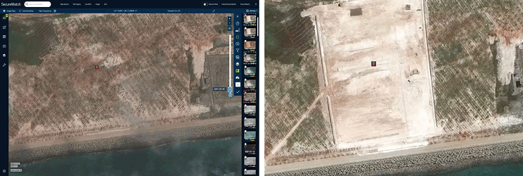 Hình ảnh vệ tinh cho thấy khu đất mới được bồi đắp trái phép trên Đá Subi (hình phải) và Đá Subi trước khi bị bồi đắp (hình trái)