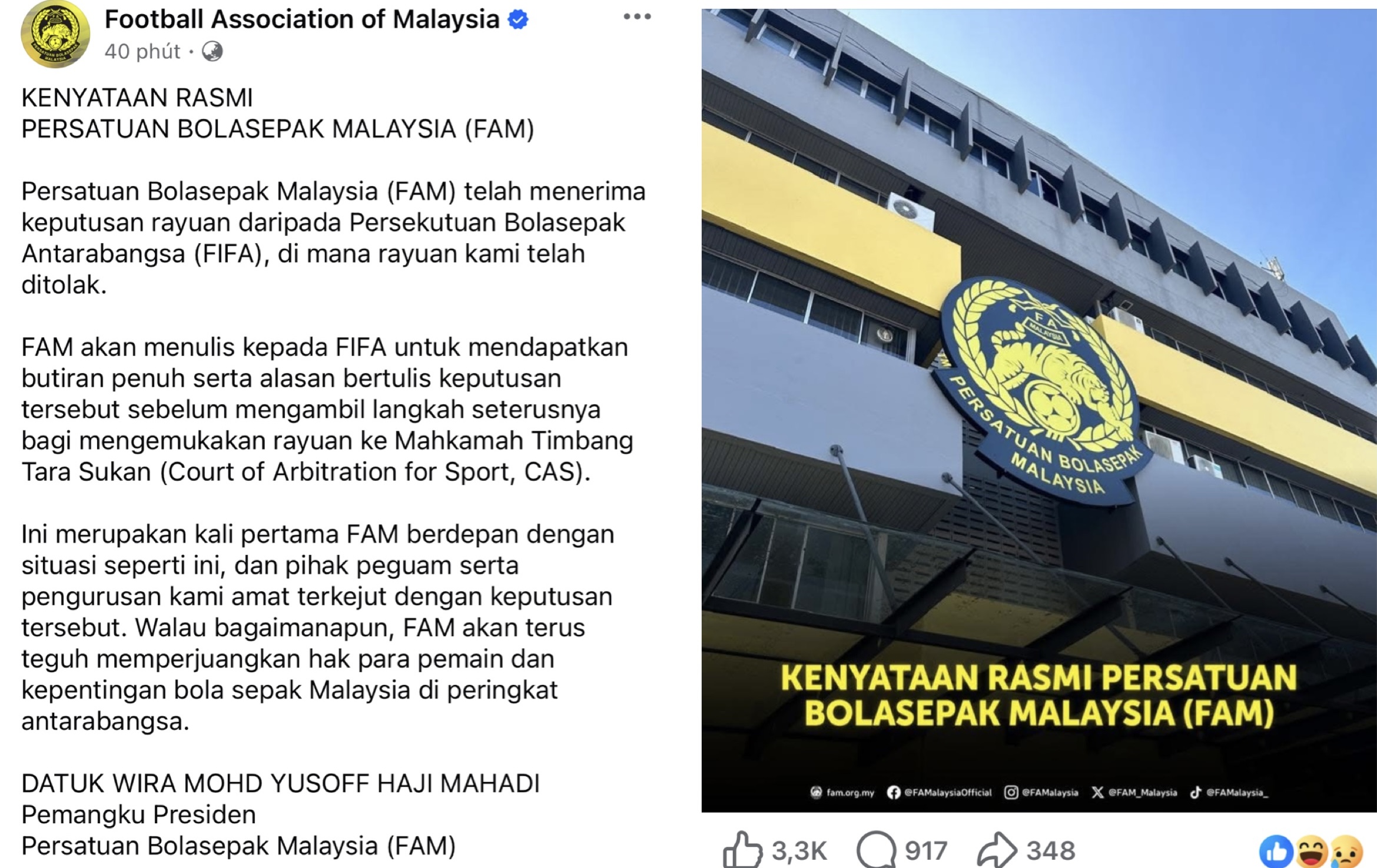 Nóng: Malaysia tuyên bố kiện FIFA ra tòa quốc tế