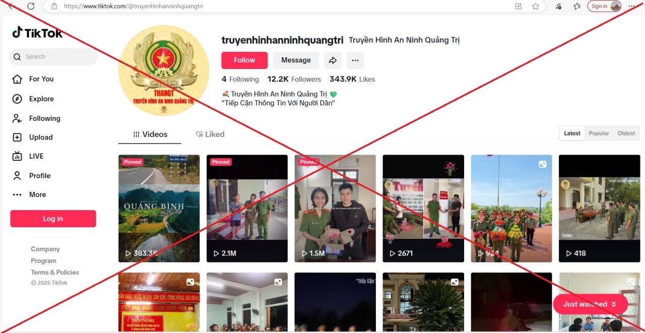 Trang Tiktok "Truyền hình An ninh Quảng Trị" là giả mạo