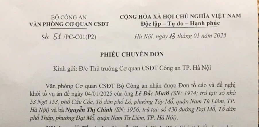 Đơn của công dân phường Đại Mỗ đã được chuyển đến quận Nam Từ Liêm để giải quyết