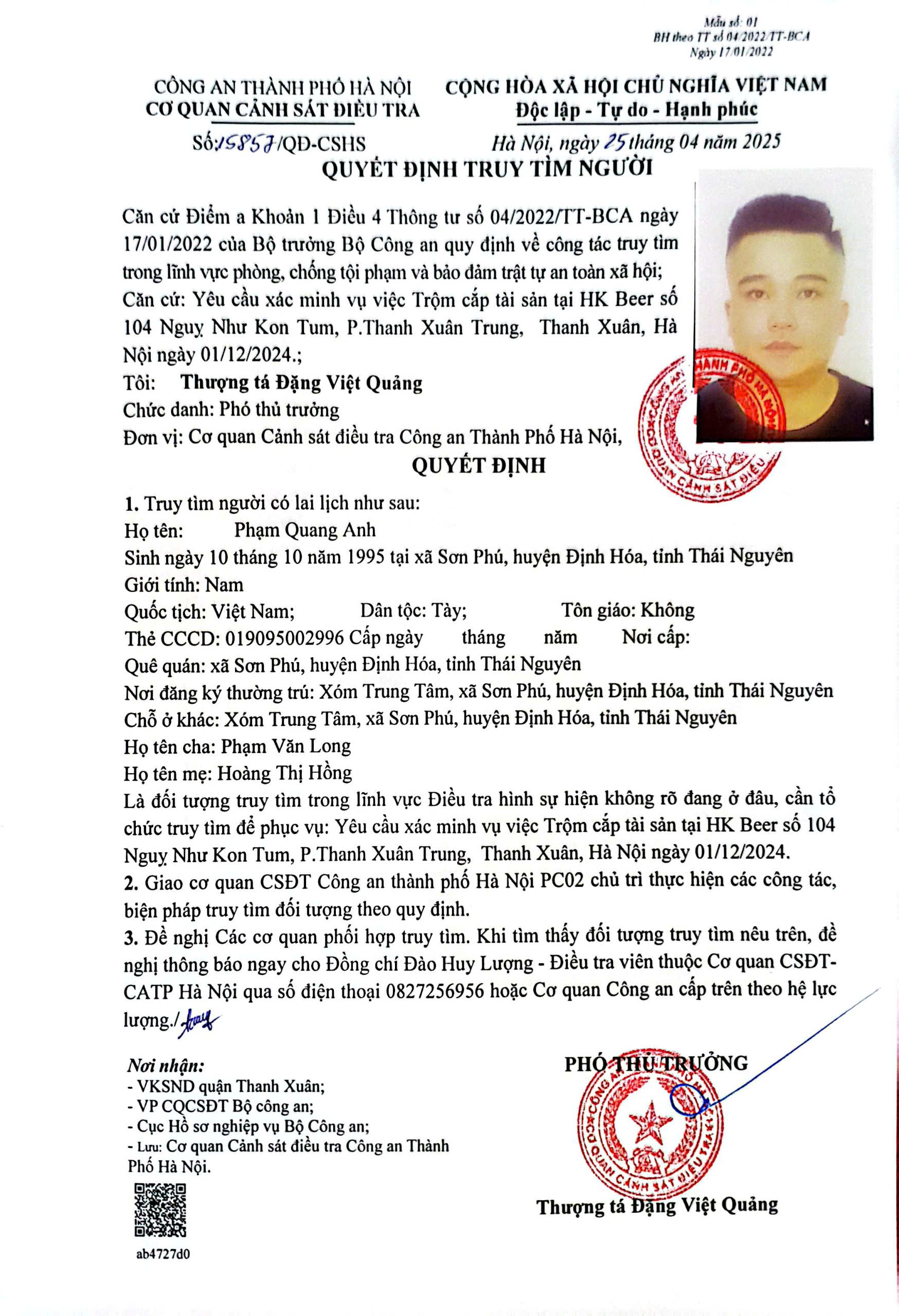 Công an Hà Nội tìm người liên quan đến vụ trộm cắp tài sản