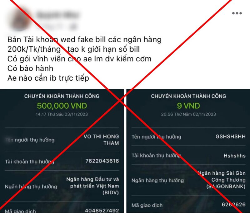 Bắt 5 đối tượng bán hình ảnh hóa đơn chuyển khoản ngân hàng giả