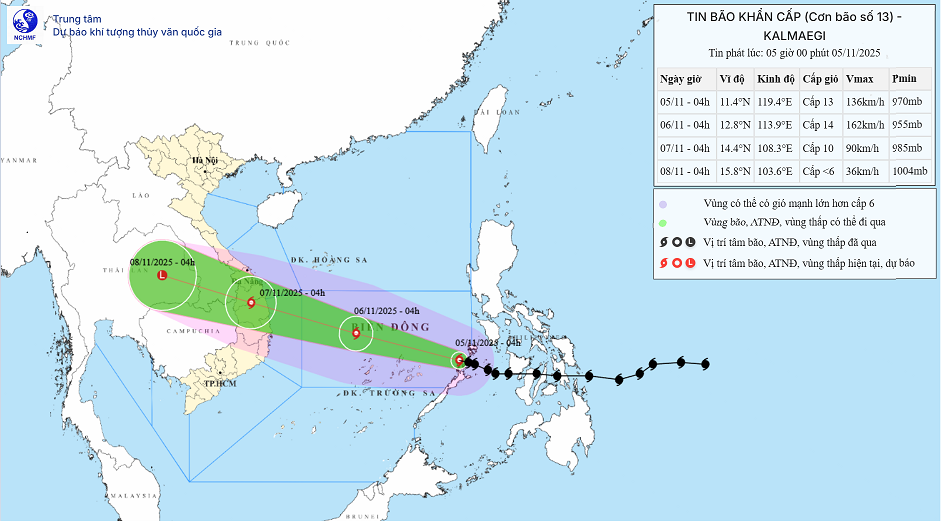 Bão Kalmaegi dự báo đổ bộ đất liền Quảng Ngãi- Đắk Lắk từ đêm 6-11 với cường độ giật cấp 15