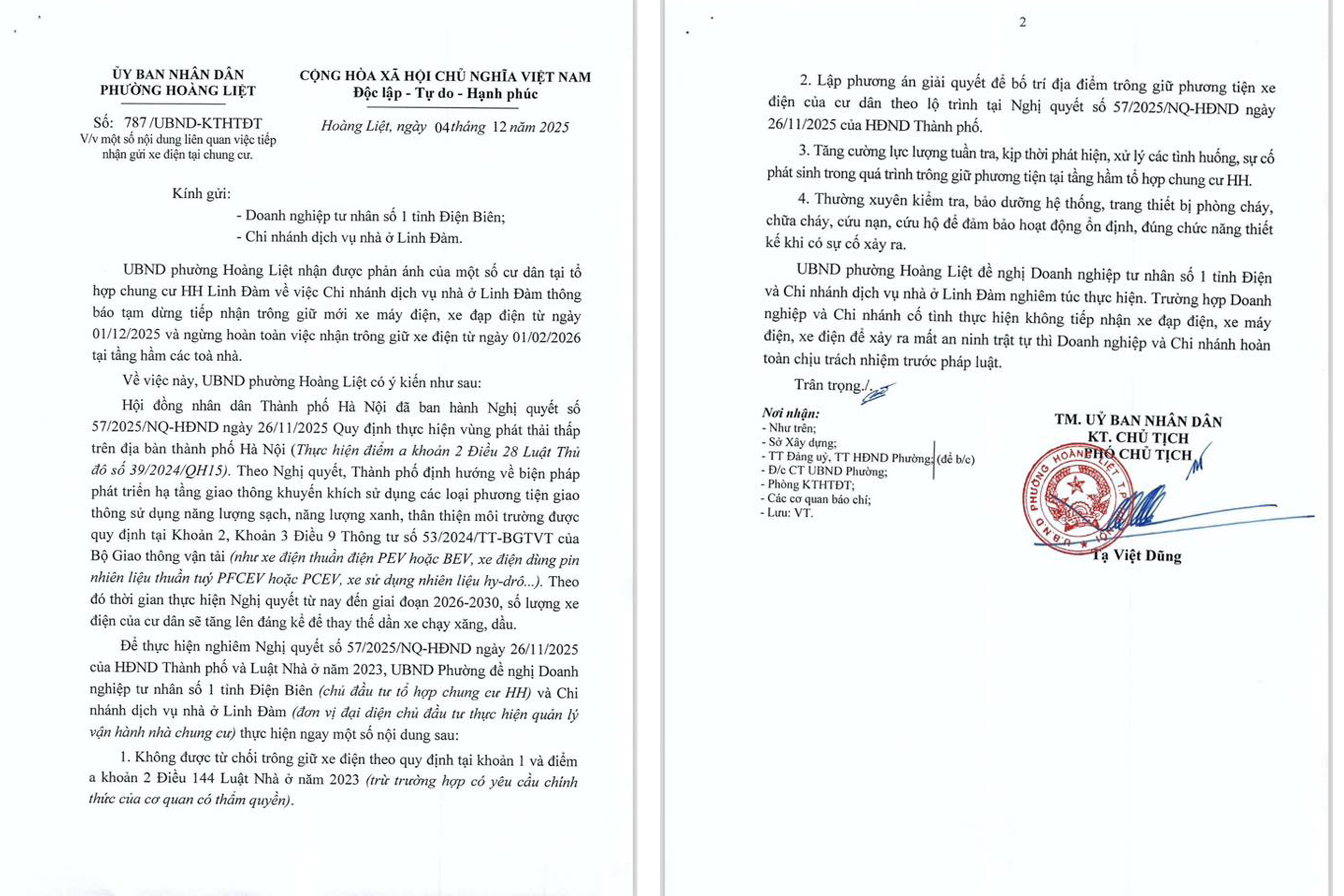 Đơn vị quản lý chung cư HH Linh Đàm không được từ chối trông giữ xe điện