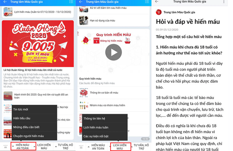 Các tính năng của trang Zalo “Trung tâm Máu quốc gia”