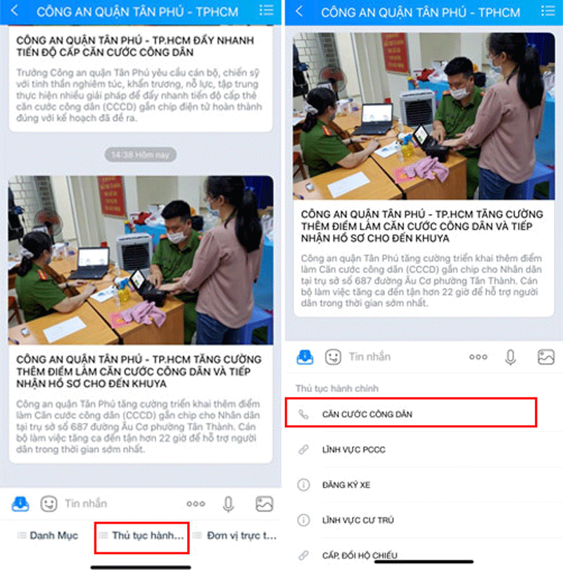 Các tính năng của trang Zalo “Công an quận Tân Phú” Các tính năng của trang Zalo “Công an quận Tân Phú”