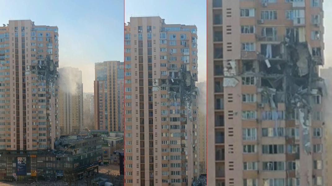 Khoảnh khắc chung cư ở thủ đô Kiev của Ukraine trúng tên lửa 
