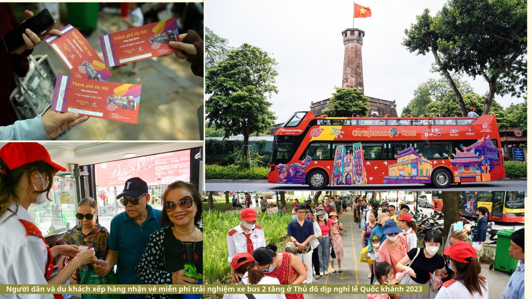 Xem người dân và du khách xếp hàng nhận vé miễn phí trải nghiệm xe bus 2 tầng ở Thủ đô dịp Quốc khánh 2023