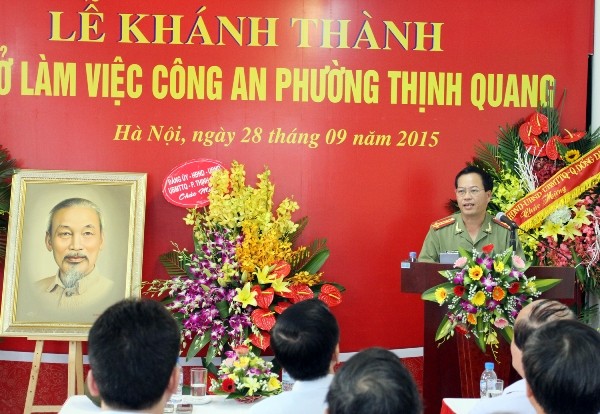 Đại tá Đoàn Ngọc Hùng, Phó Giám đốc CATP Hà Nội phát biểu tại lễ khánh thành trụ sở CAP Thịnh Quang