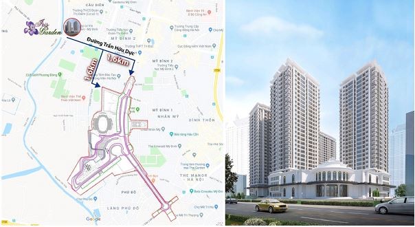 Sơ đồ vị trí dự án trên mặt đường Trần Hữu Dực kết nối với đường đua công thức 1 và mặt đứng block Iris Garden