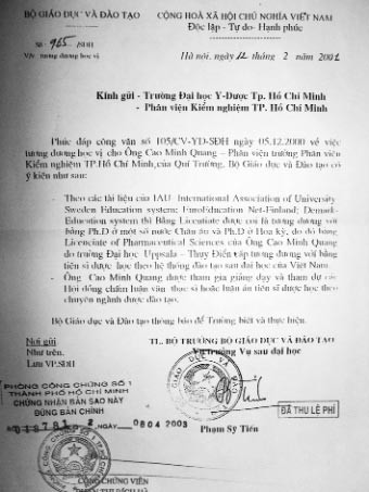 Bằng Tiến sỹ của Thứ trưởng Bộ Y tế Cao Minh Quang - thật hay giả? ảnh 1
