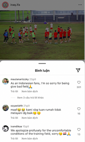 Cổ động viên Indonesia vào trang mạng xã hội của Liên đoàn bóng đá Iraq gửi lời xin lỗi vì đội khách phải tập trên mặt sân xấu