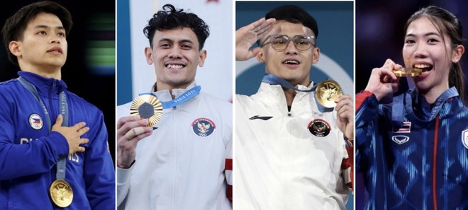 Chủ nhân 5 HCV Olympic Paris của thể thao Đông Nam Á (từ trái qua): Carlos Yulo, Veddriq Leonardo, Rizki Juniansyah và Panipak Wongpattanakit