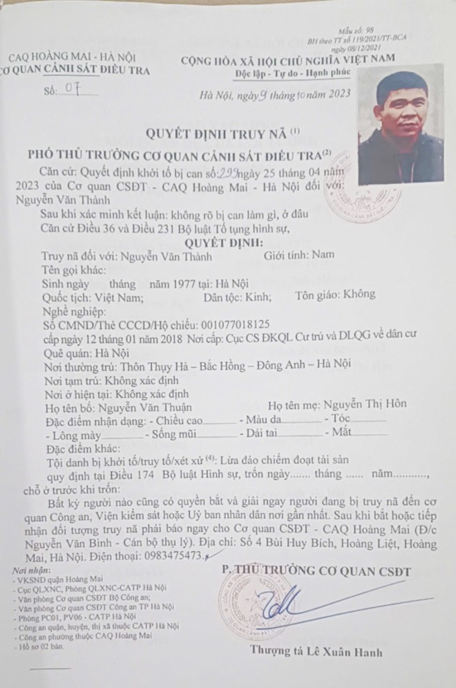 Lệnh truy nã Nguyễn Văn Thành của Cơ quan CSĐT CAQ Hoàng Mai Lệnh truy nã Nguyễn Văn Thành của Cơ quan CSĐT CAQ Hoàng Mai