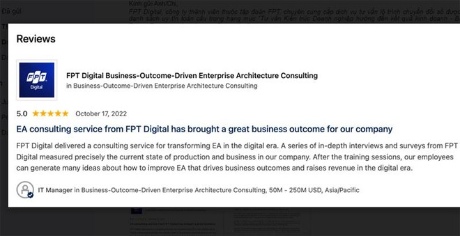 Hạng mục Tư vấn Kiến trúc Doanh nghiệp hướng đến kết quả kinh doanh của FPT Digital được xếp hạng 5 sao.