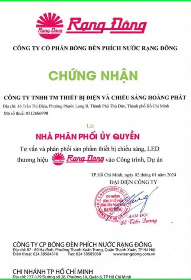 Hoàng Phát là nhà phân phối chính thức của đèn led Rạng Đông