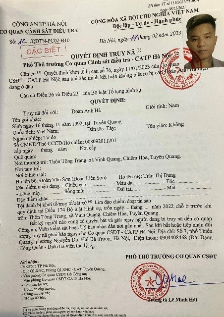 Truy nã đối tượng Đoàn Anh Hà Truy nã đối tượng Đoàn Anh Hà