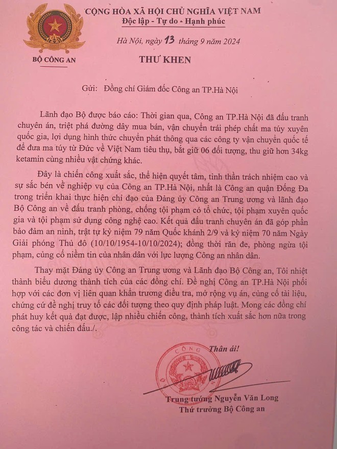 Thư khen của Trung tướng Nguyễn Văn Long - Thứ trưởng Bộ Công an Thư khen của Trung tướng Nguyễn Văn Long - Thứ trưởng Bộ Công an