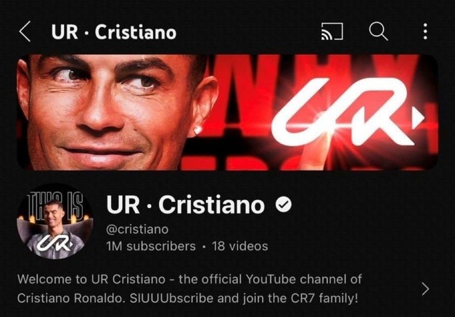 Giao diện kênh Youtube của Ronaldo khi vừa ra mắt