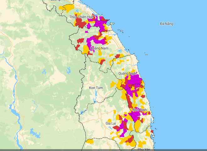 Bản đồ nguy cơ lũ quét, sạt lở đất đá trên các khu vực ở Trung bộ