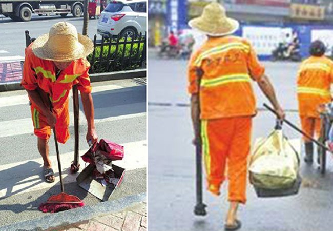 Ông lão cụt chân dọn rác trên phố gây xúc động ảnh 1 Ông lão cụt chân dọn rác trên phố gây xúc động ảnh 1
