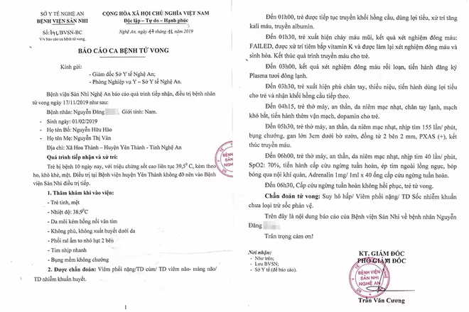 Nguyên nhân bé trai 10 tháng tuổi tử vong khi điều trị ở bệnh viện Sản Nhi Nghệ An ảnh 2 Nguyên nhân bé trai 10 tháng tuổi tử vong khi điều trị ở bệnh viện Sản Nhi Nghệ An ảnh 2