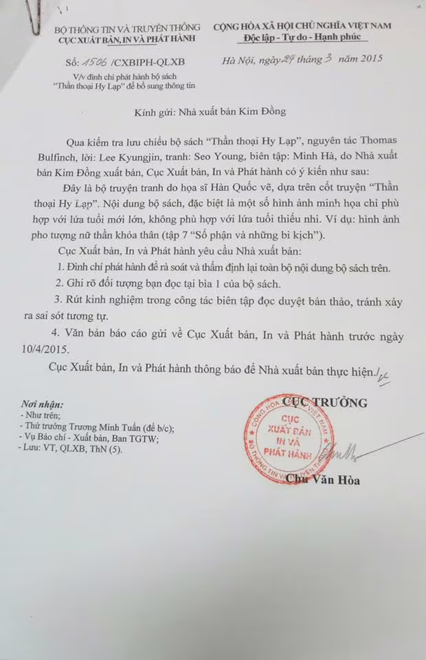 Cục Xuất bản từng đình chỉ phát hành bộ sách "Thần thoại Hy Lạp" từ năm 2015 ảnh 2 Cục Xuất bản từng đình chỉ phát hành bộ sách "Thần thoại Hy Lạp" từ năm 2015 ảnh 2