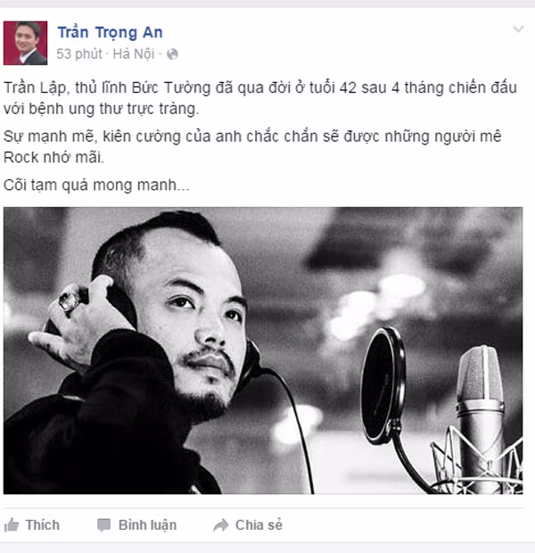 Cộng đồng mạng xót xa chia buồn trước sự ra đi của Trần Lập ảnh 3 Cộng đồng mạng xót xa chia buồn trước sự ra đi của Trần Lập ảnh 3