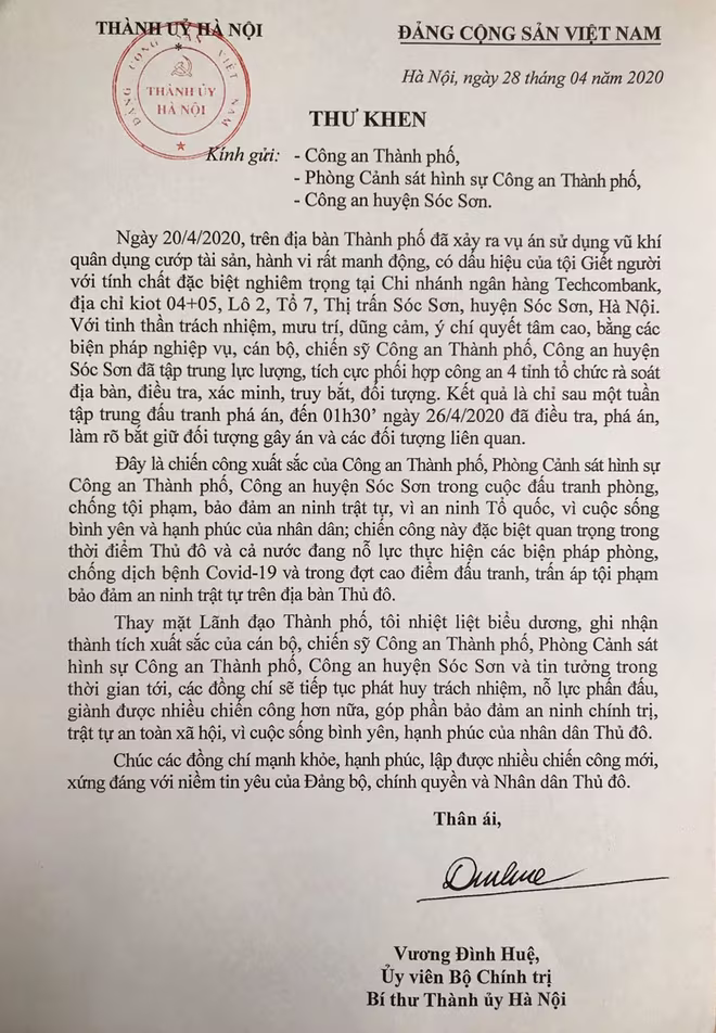 Bí thư Thành ủy Vương Đình Huệ gửi Thư khen Công an Hà Nội với chiến công khám phá vụ cướp ở Sóc Sơn ảnh 1
