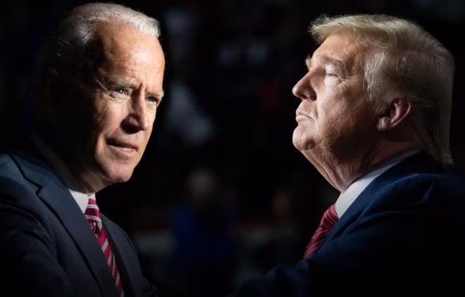 Tổng thống Mỹ Donald Trump (phải) và cựu Phó Tổng thống Joe Biden Tổng thống Mỹ Donald Trump (phải) và cựu Phó Tổng thống Joe Biden