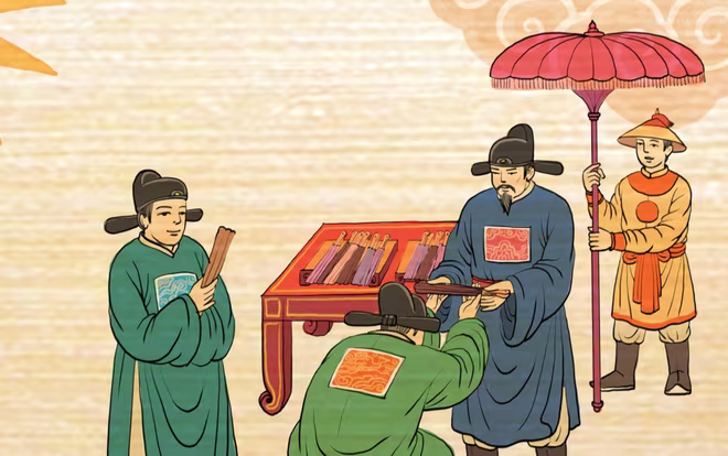 Tranh vẽ tái hiện Lễ ban quạt trong Cung đình xưa Tranh vẽ tái hiện Lễ ban quạt trong Cung đình xưa