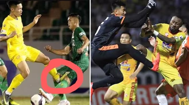 Pha vào bóng thô bạo của Thế Hưng (ảnh trái) và Samson (ảnh phải) tại vòng 6 Pha vào bóng thô bạo của Thế Hưng (ảnh trái) và Samson (ảnh phải) tại vòng 6