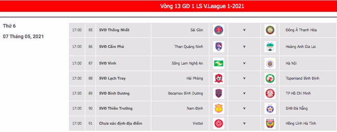 Lịch thi đấu vòng 13 V-League 2021 Lịch thi đấu vòng 13 V-League 2021