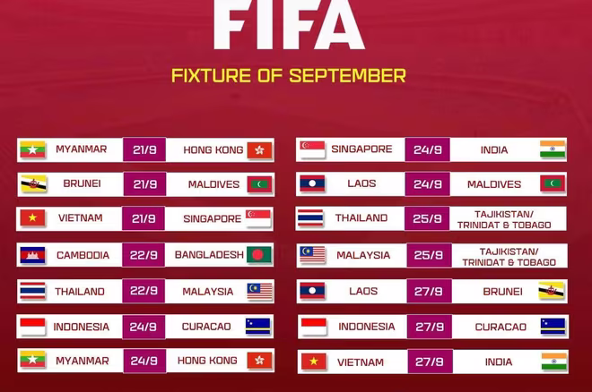 Lịch giao hữu FIFA Days tháng 9-2022 của các đội tuyển Đông Nam Á