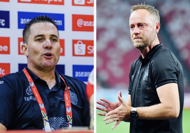 HLV Osmar Loss của Buriram Utd (trái) và HLV Mano Polking của CLB Công an Hà Nội