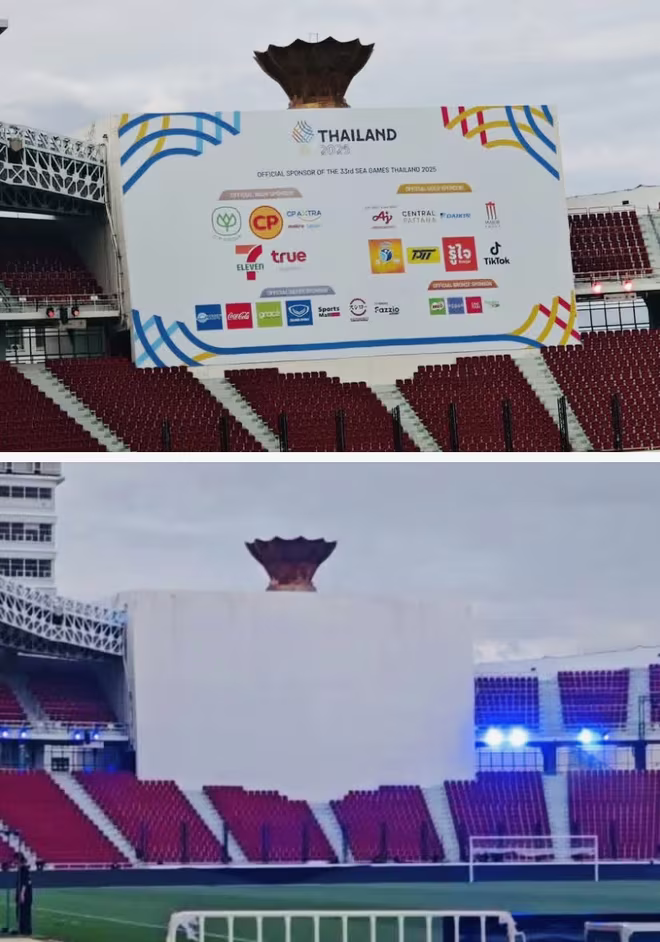 Logo nhà tài trợ át logo giải đấu (ảnh trên) gây bức xúc, khiến ban tổ chức ngay lập tức phải xóa bỏ