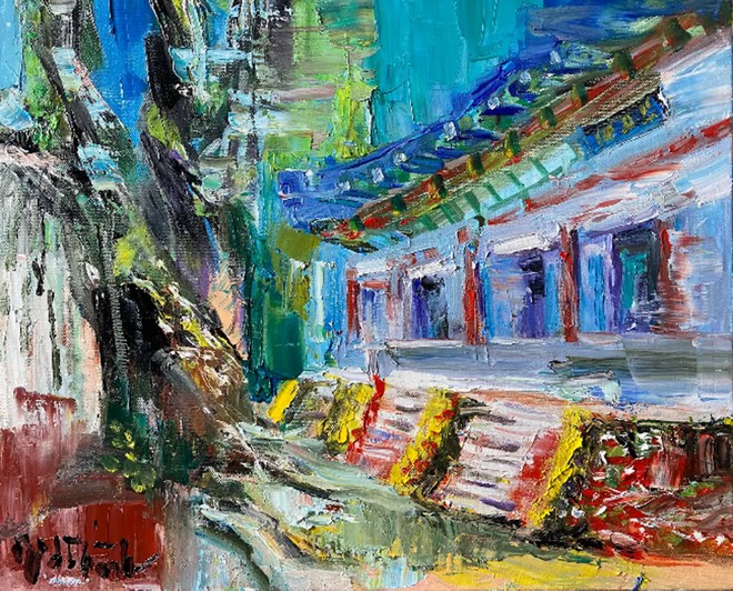 “Mùa xuân trên đền Yeonghawasa - Seoul”, sơn dầu trên toan, 50x60 cm, 17/5/2025