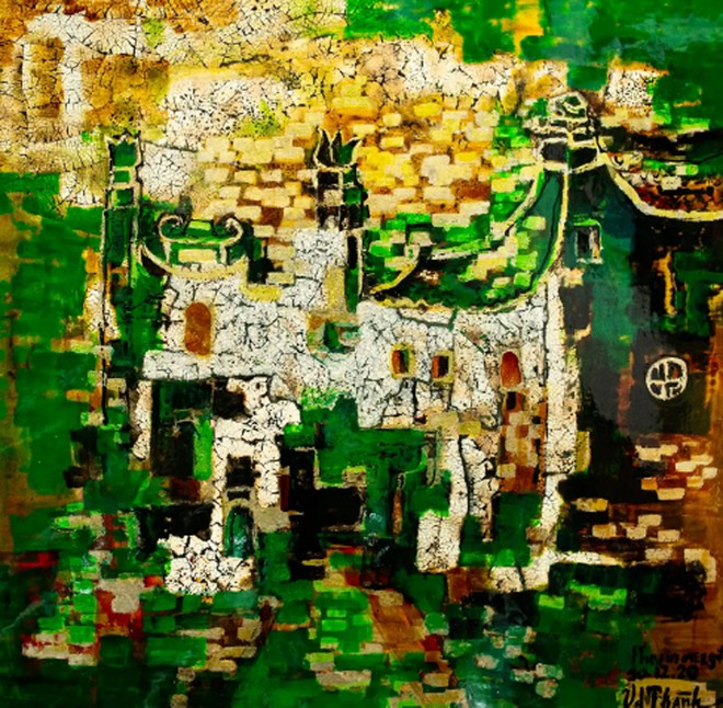 &quot;Ký ức làng Đông Ngạc, Hà Nội”, sơn mài vàng bạc, vỏ trứng trên gỗ, 90 x 90 cm, 2/2025