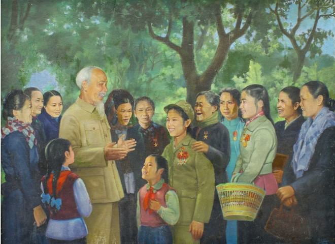 Tranh Sơn dầu &quot;Bác Hồ với nữ chiến sĩ thi đua miền Bắc&quot; của tác giả Vương Trình, sáng tác năm 1967.