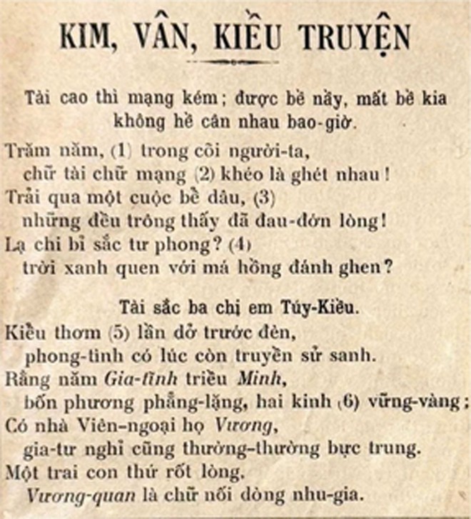 Năm 1911, Bản &quot;Kim Vân Kiều truyện&quot; của Trương Vĩnh Ký vẫn thể hiện cặp thơ lục bát là một câu, viết hoa câu 6.